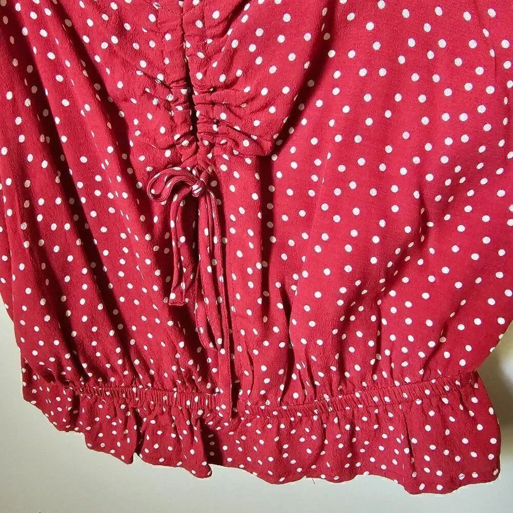 EUC EXPRESS POLKA DOT RED/WHITE FLUTTER STRAPS CINCHED SWEETHEART NECK TANK M - Picture 6 of 13